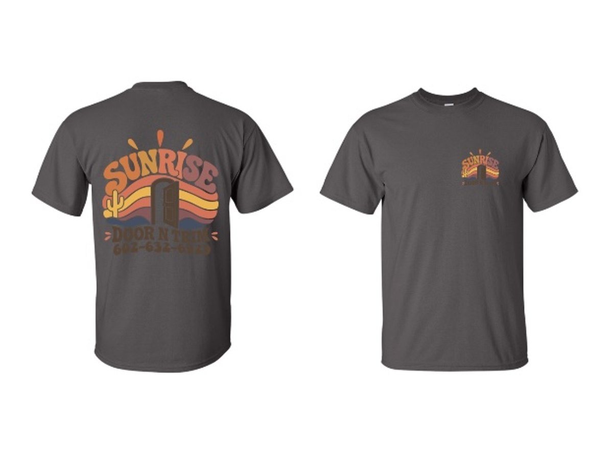 Sunrise Logo Tee in Charcoal, front and back