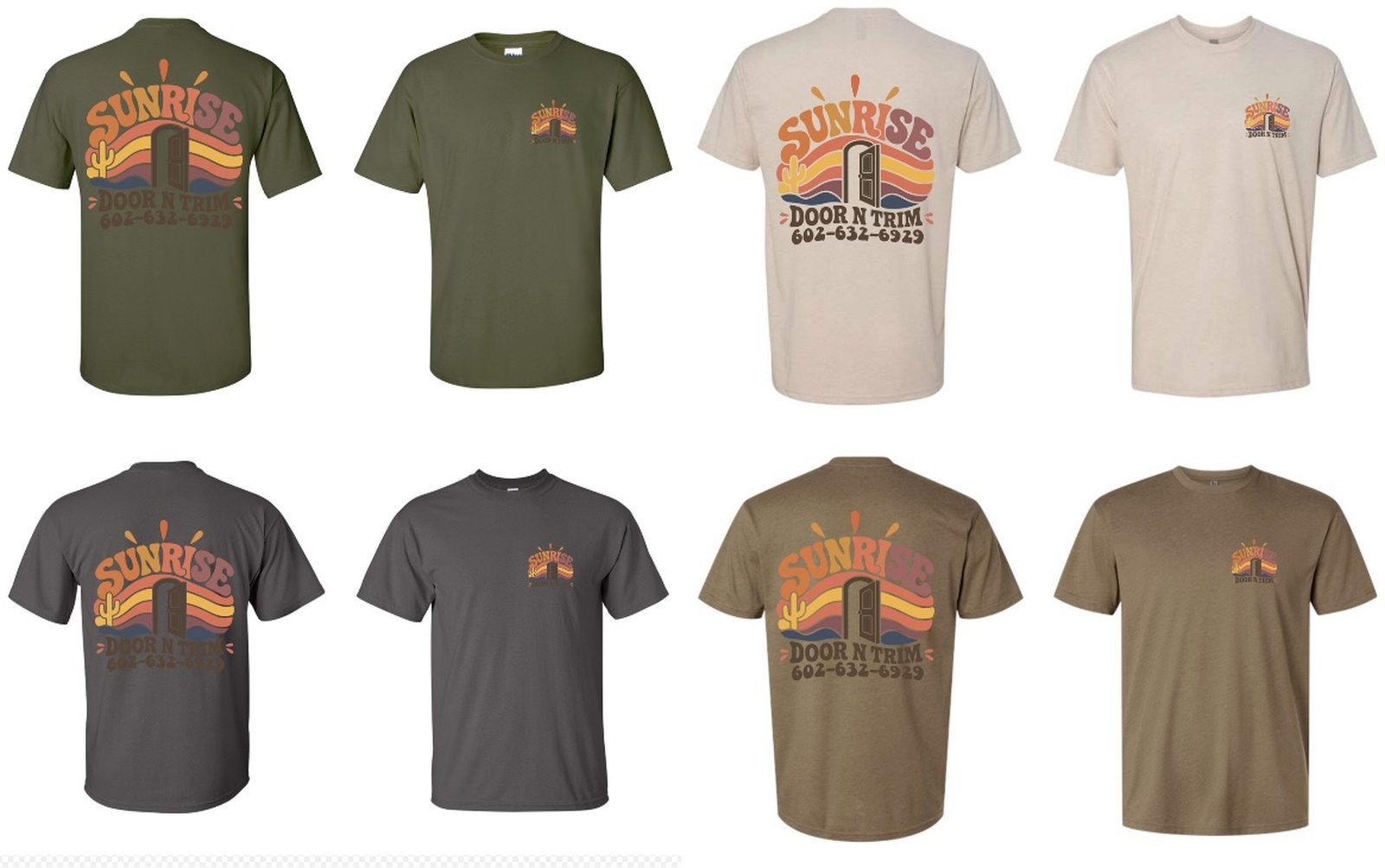 All four Sunrise Door n Trim tee colorways, front and back